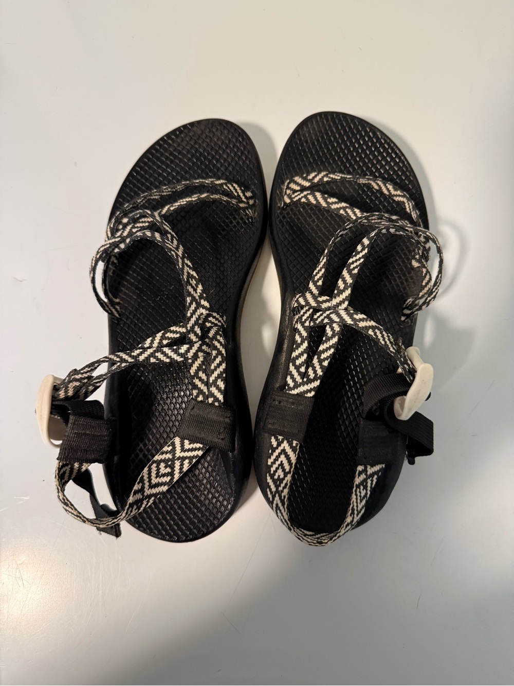Chaco Black Sandal with Black-and-White Patterned Straps